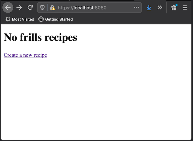 Browser showing the No Frills Recipes example
