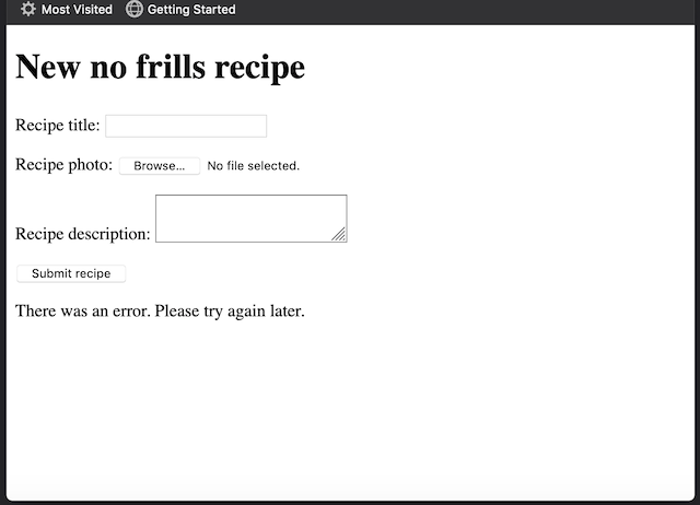 Browser showing the recipe form with an error message