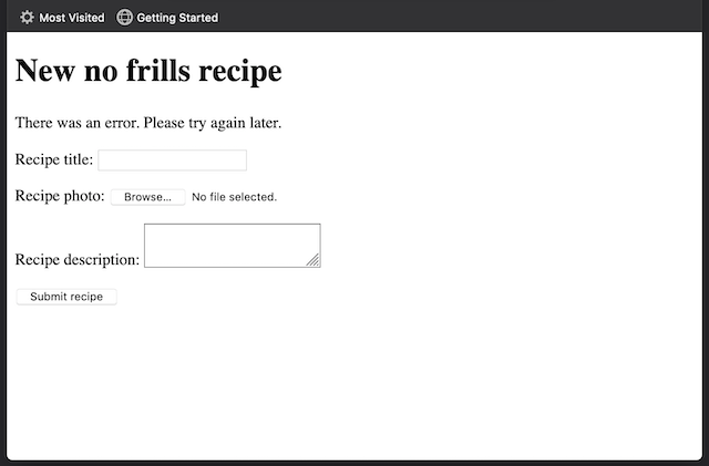 Browser showing the recipe form with an error message on the correct position