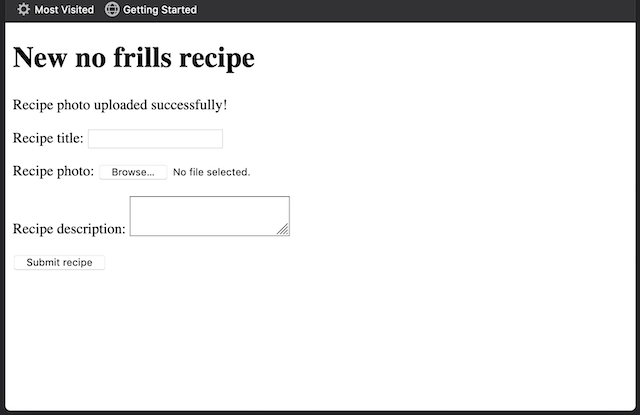 Browser showing the recipe form with a successful upload result message