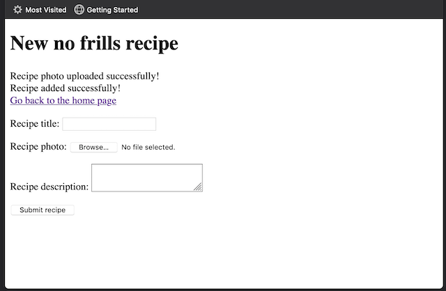 Browser showing the recipe form with a successful upload result message, and a recipe addition result message