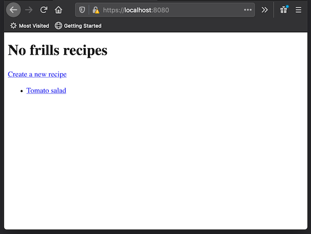Browser showing the home page with a list with one recipe title only